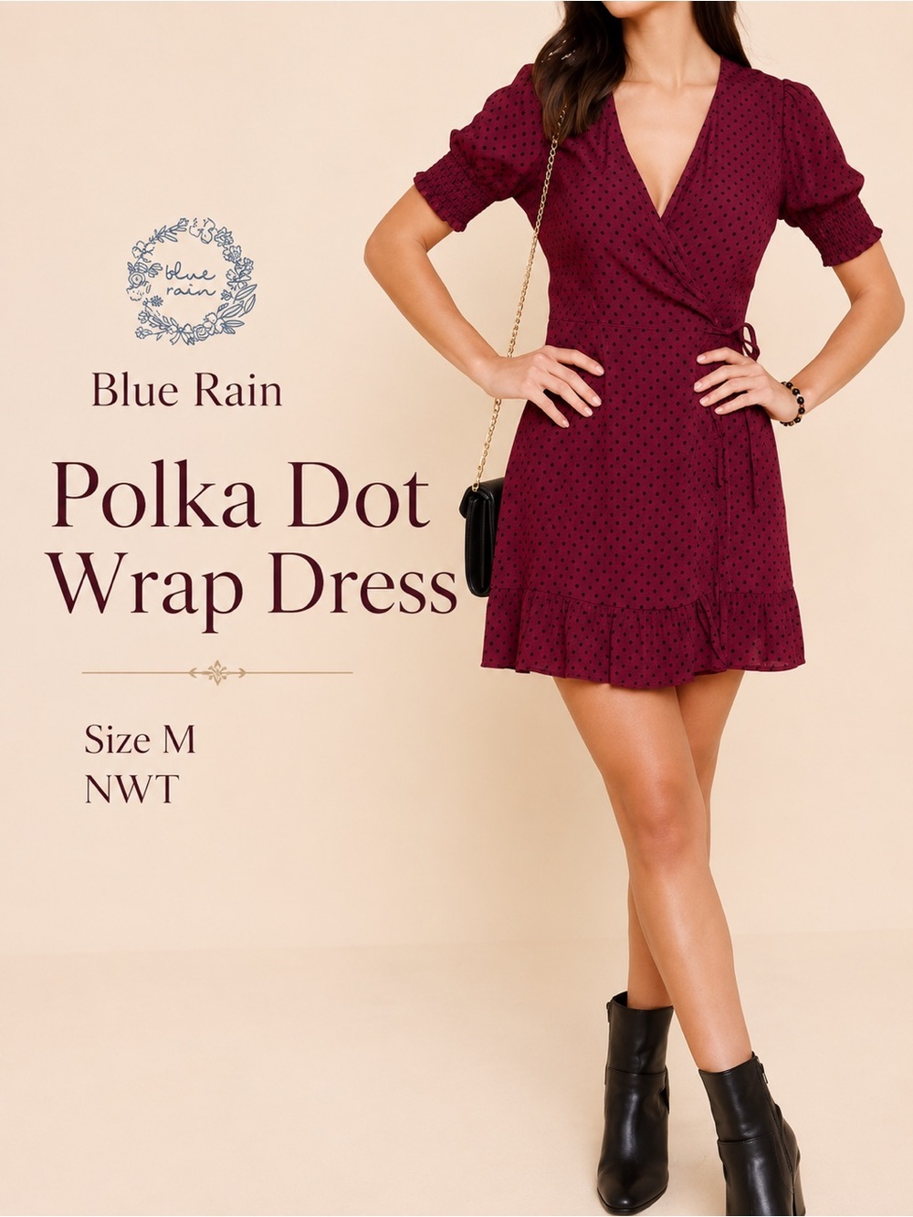 Blue Rain Burgundy Polka Dot Wrap Mini Dress